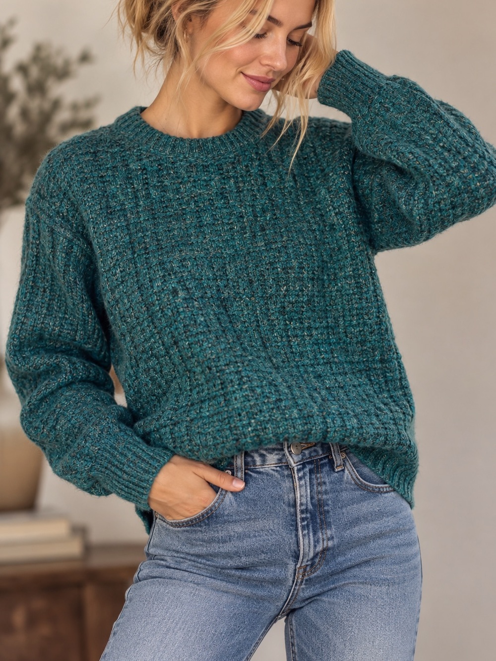 Vintage 80’s Sz M Teal Marled Wool Chunky Knit Sweater Royal North Mills Grandpa